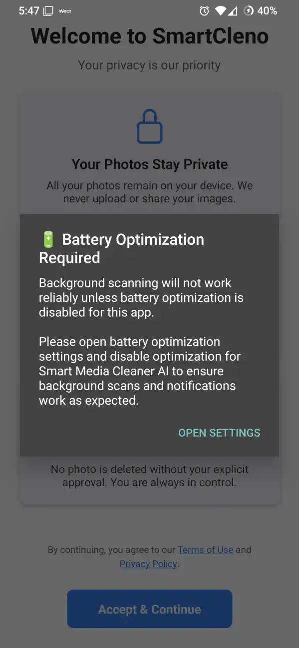 Example of permission prompts in SmartCleno
